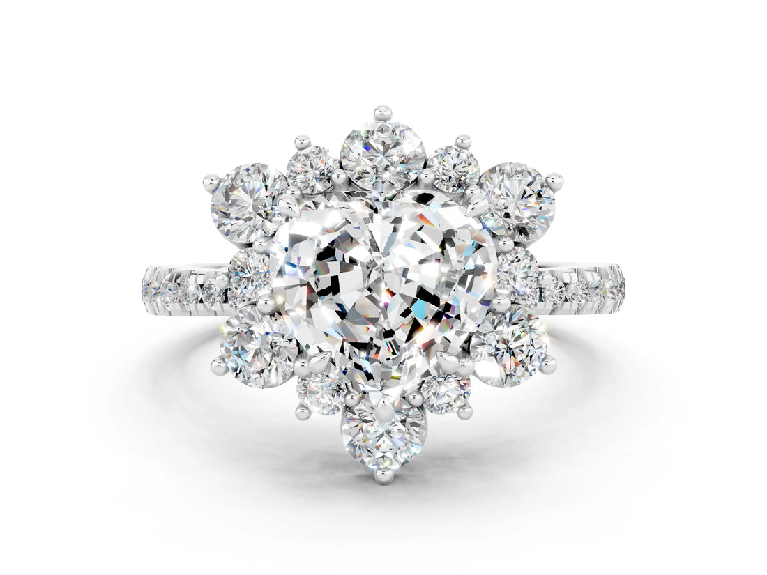 White gold Heart Cut Cut Diamond Floral Halo Pave Band with Prong Setting