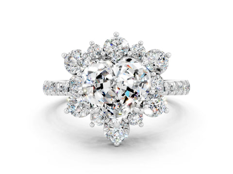 White gold Heart Cut Cut Diamond Floral Halo Pave Band with Prong Setting