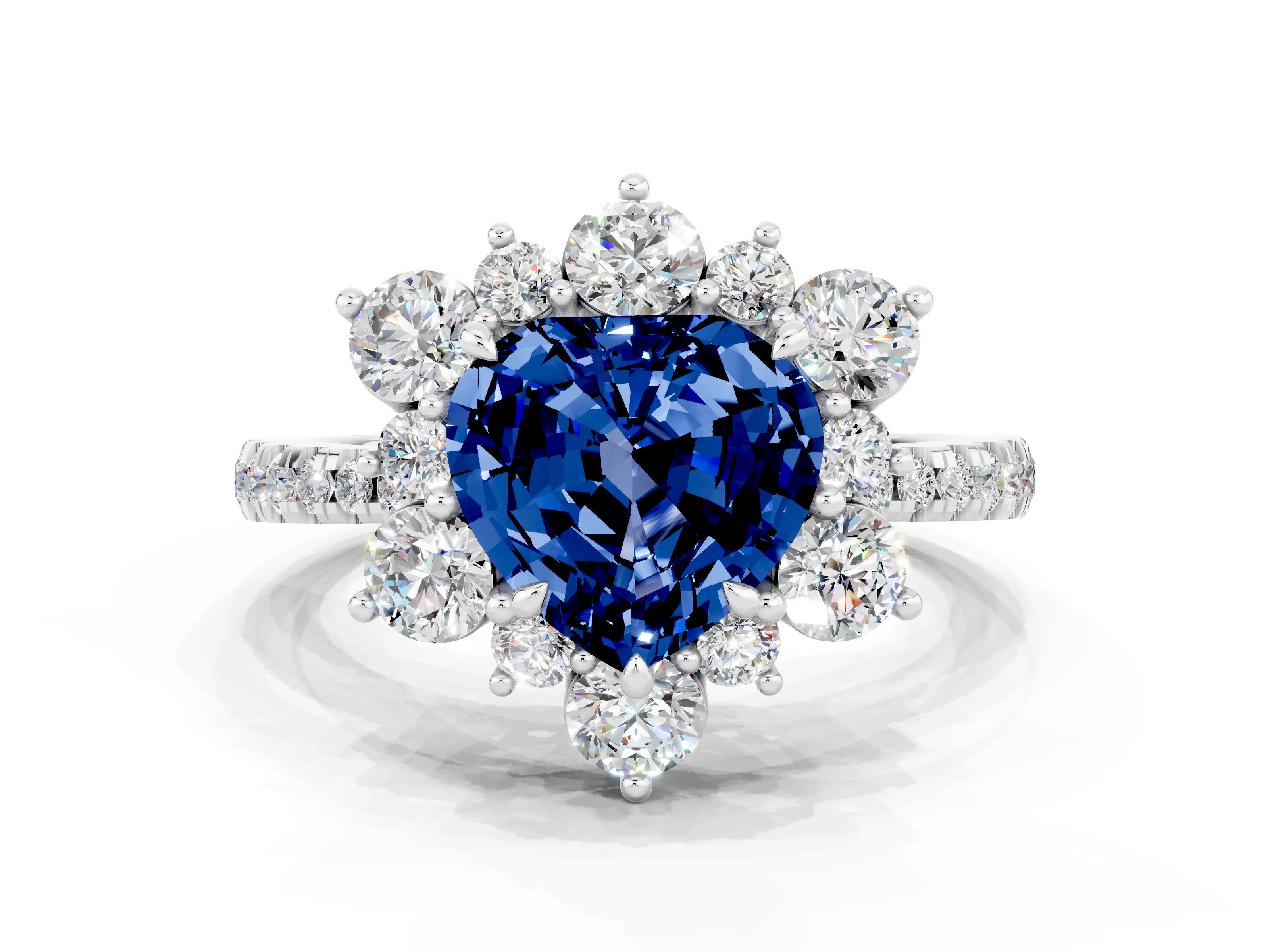 White gold Heart Cut Cut Diamond Floral Halo Pave Band with Prong Setting