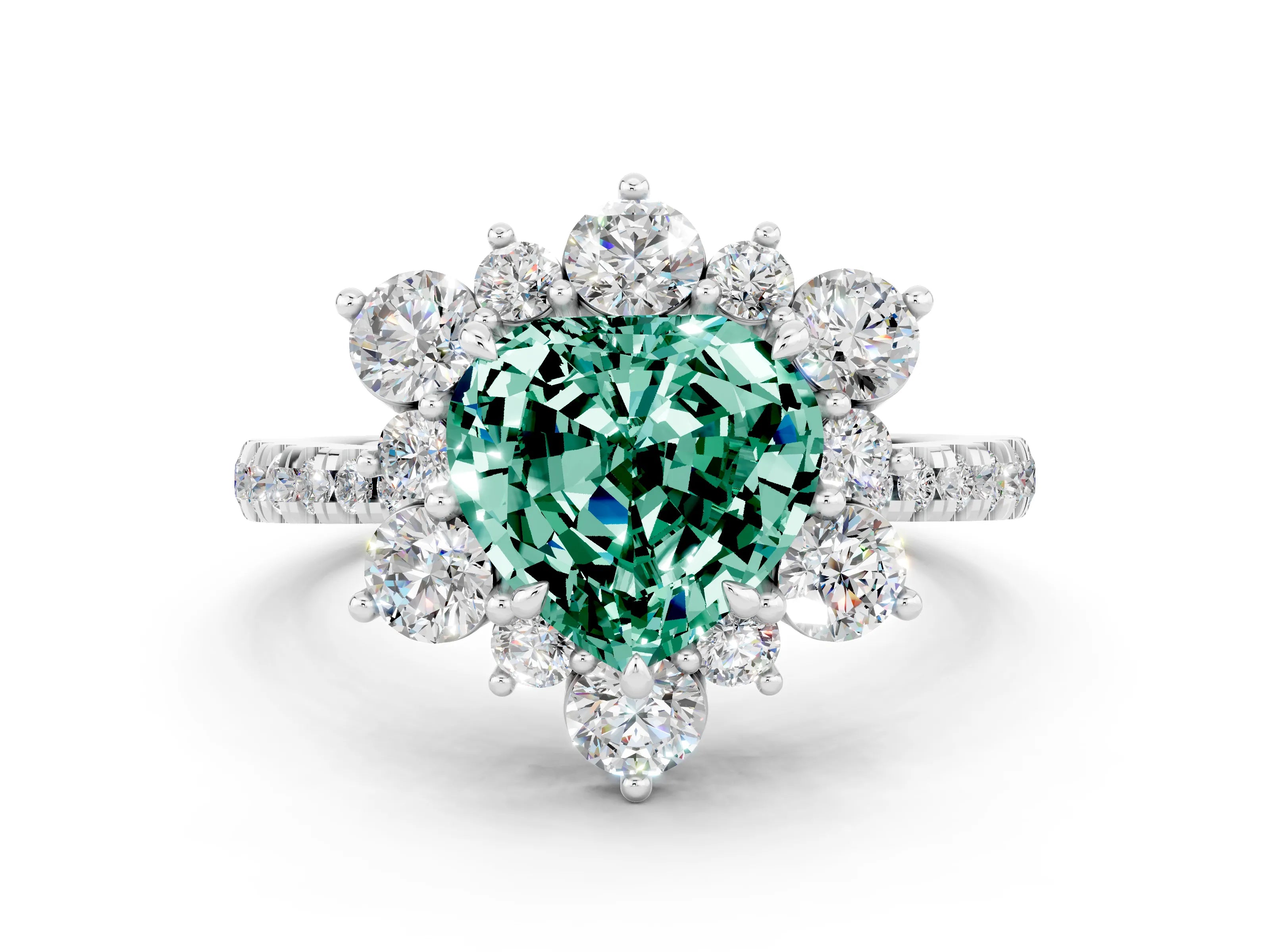 White gold Heart Cut Cut Diamond Floral Halo Pave Band with Prong Setting