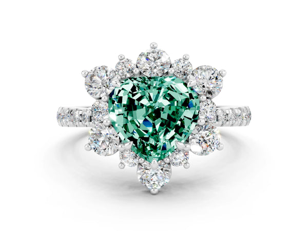 Silver Heart Cut Green Sapphire Floral Halo Ring with Round Pavé Band and Prong Setting
