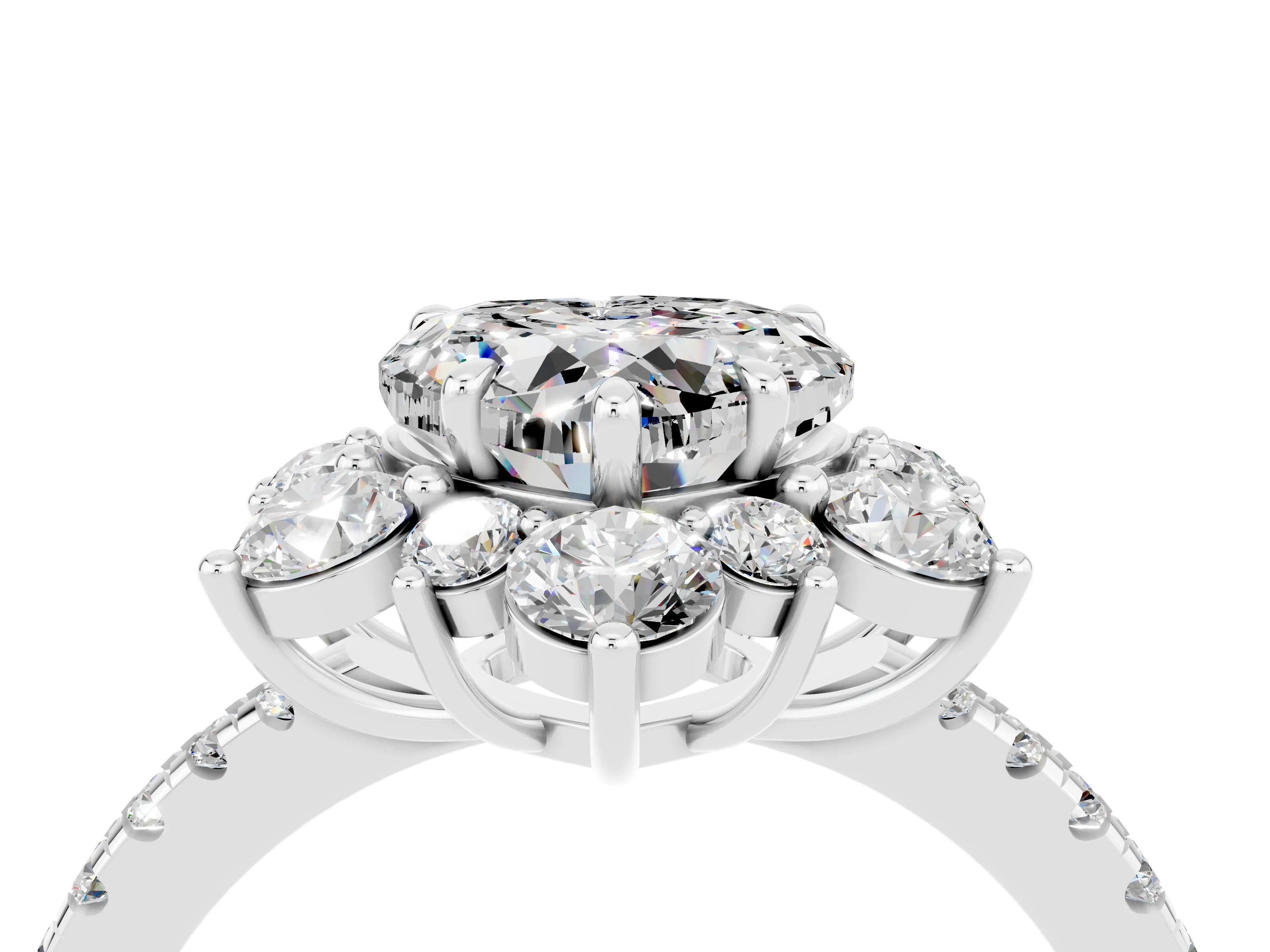 White gold Heart Cut Cut Diamond Floral Halo Pave Band with Prong Setting_4
