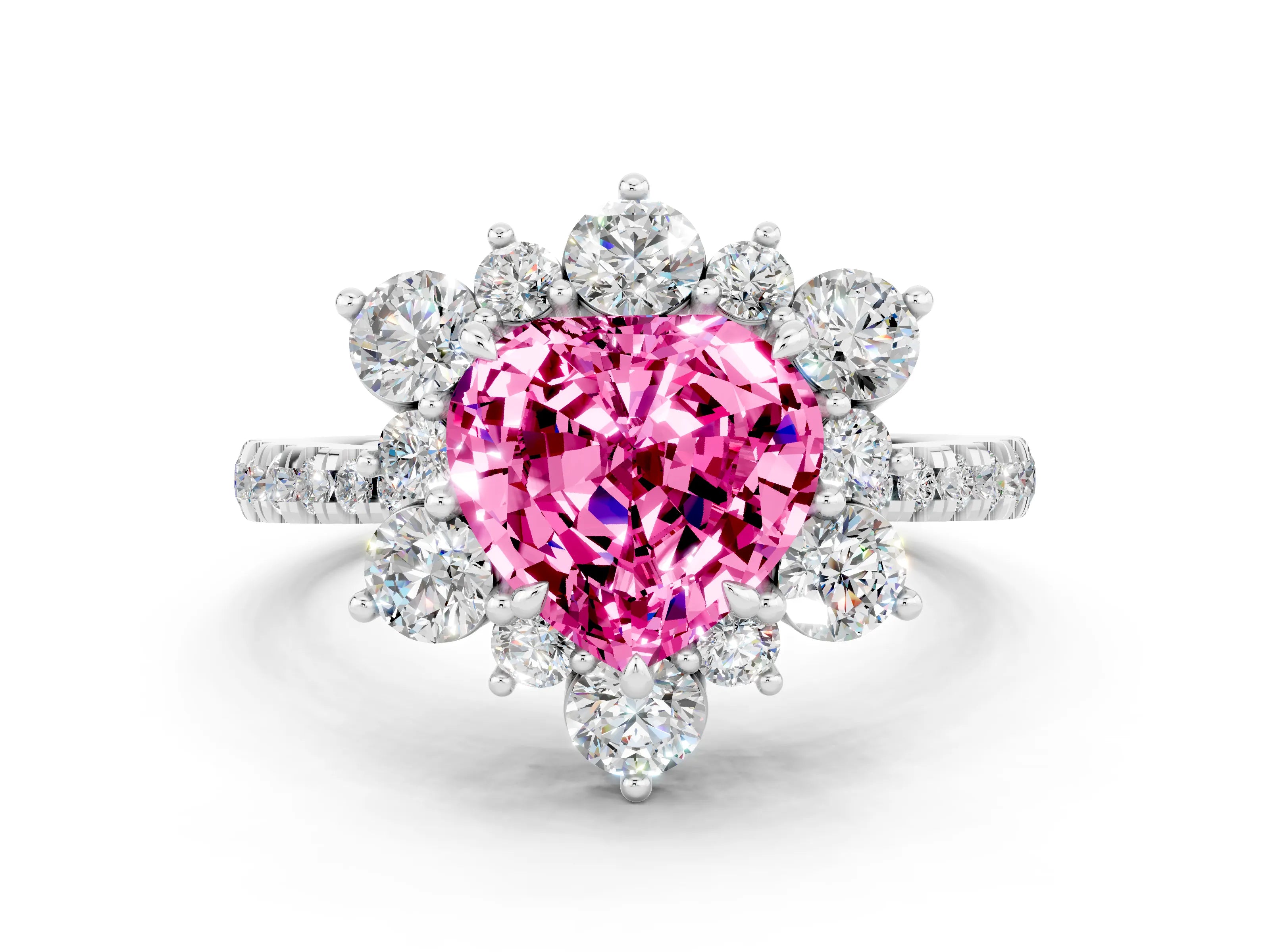 White gold Heart Cut Cut Diamond Floral Halo Pave Band with Prong Setting