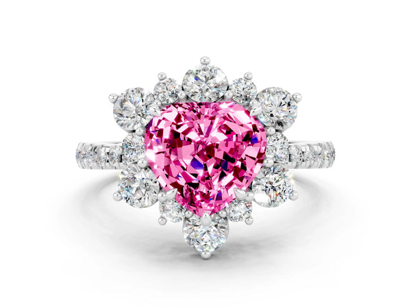 Platinum Heart Cut Cut Diamond Floral Halo Pave Band with Prong Setting