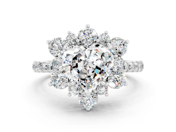 Silver Heart Cut Moissanite Floral Halo Ring with Round Pavé Band and Prong Setting