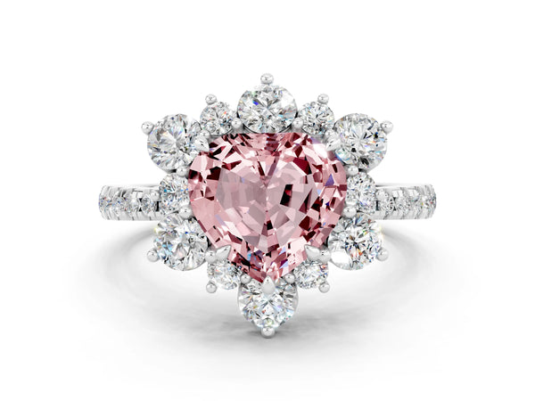 White gold Heart Cut Cut Diamond Floral Halo Pave Band with Prong Setting