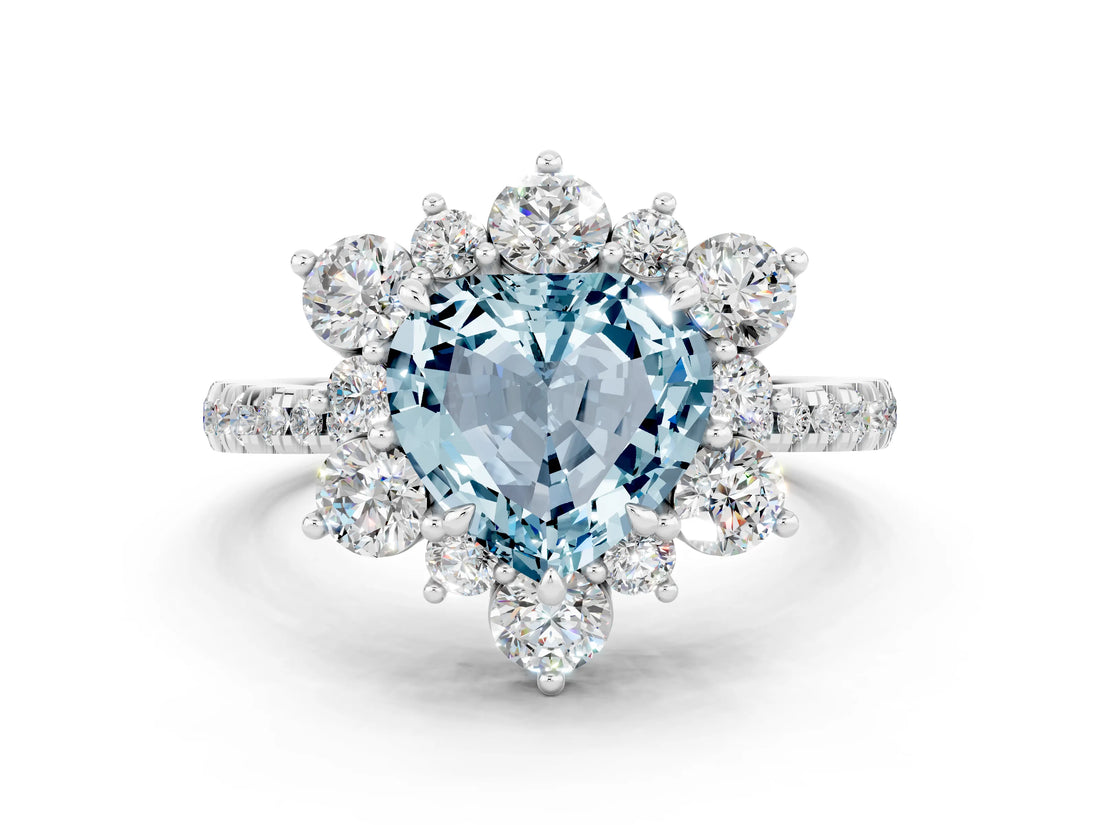 White gold Heart Cut Cut Diamond Floral Halo Pave Band with Prong Setting