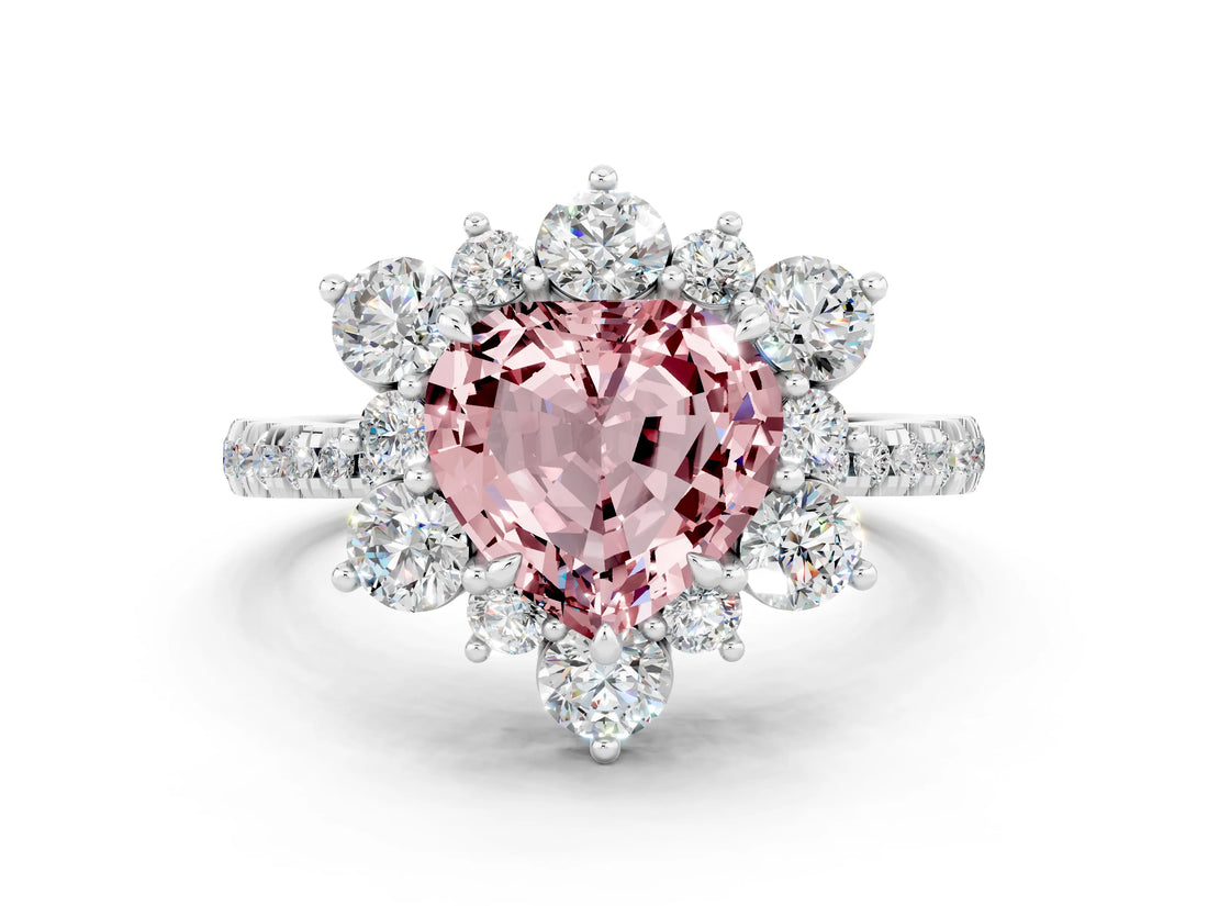 White gold Heart Cut Cut Diamond Floral Halo Pave Band with Prong Setting
