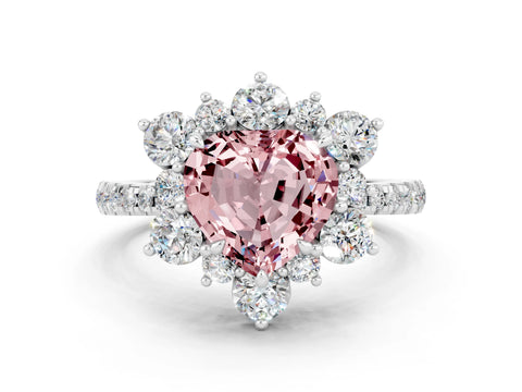 White gold Heart Cut Cut Diamond Floral Halo Pave Band with Prong Setting