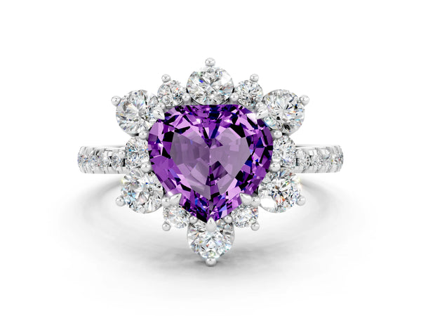 Silver Heart Cut Amethyst Floral Halo Ring with Round Pavé Band and Prong Setting