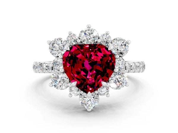 White gold Heart Cut Garnet Floral Halo Ring with Round Pavé Band and Prong Setting