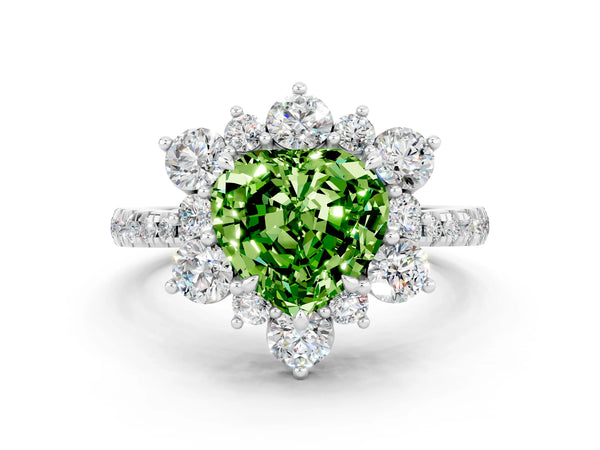 White gold Heart Cut Cut Diamond Floral Halo Pave Band with Prong Setting