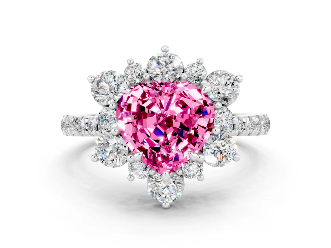White gold Heart Cut Cut Diamond Floral Halo Pave Band with Prong Setting
