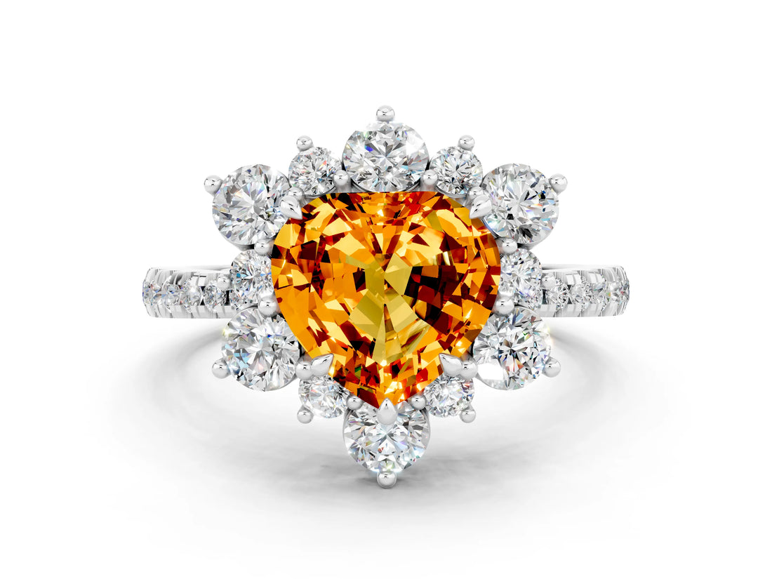 White gold Heart Cut Cut Diamond Floral Halo Pave Band with Prong Setting