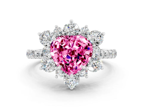 White gold Heart Cut Cut Diamond Floral Halo Pave Band with Prong Setting