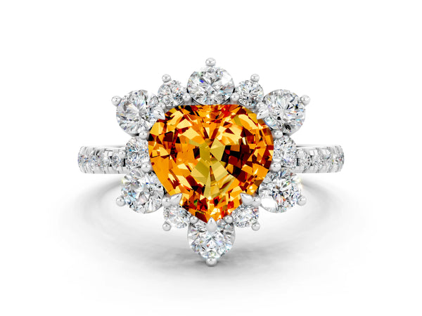 White gold Heart Cut Citrine Floral Halo Ring with Round Pavé Band and Prong Setting
