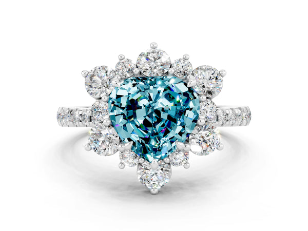 Silver Heart Cut Cut Diamond Floral Halo Pave Band with Prong Setting