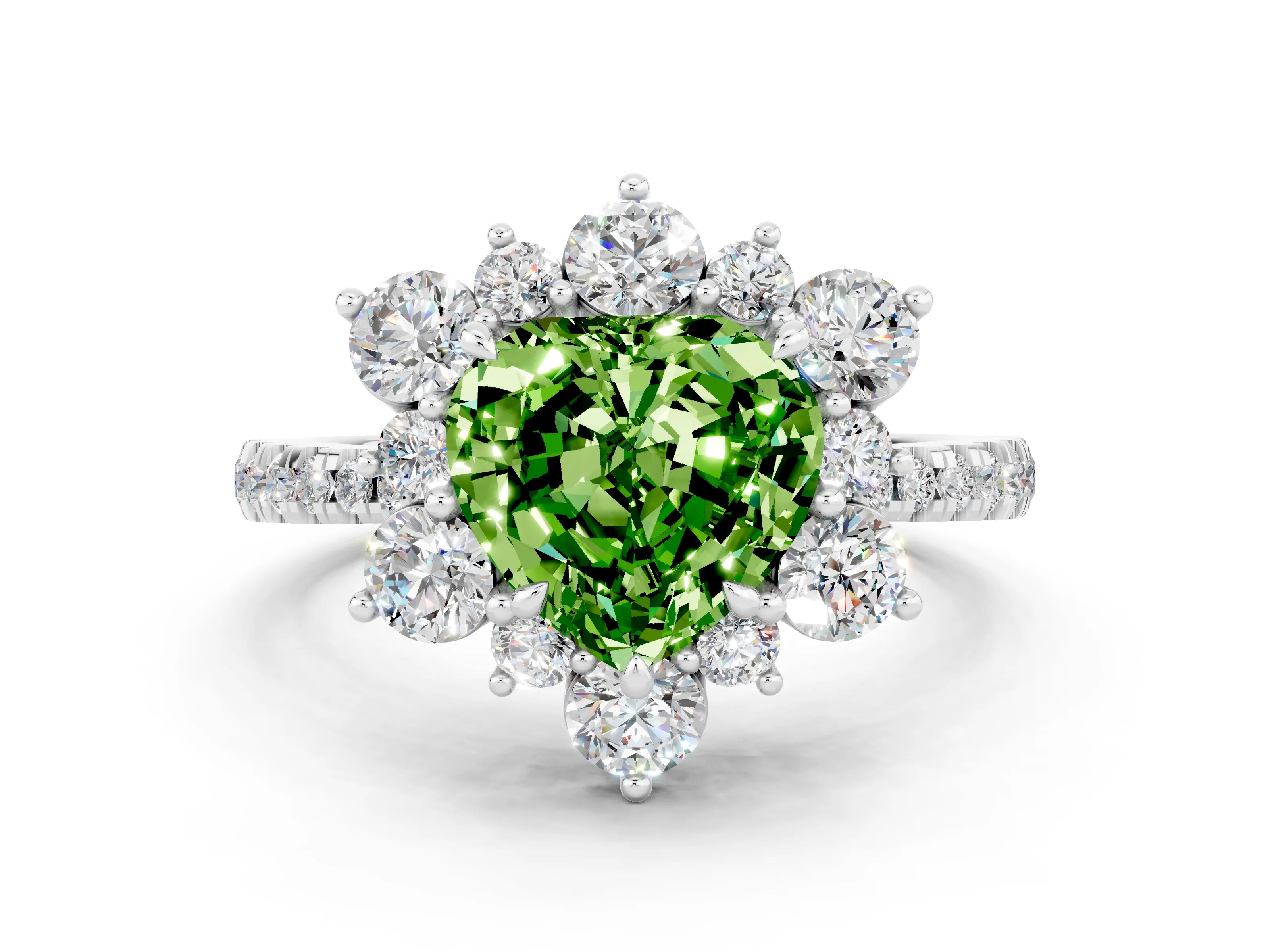 White gold Heart Cut Cut Diamond Floral Halo Pave Band with Prong Setting