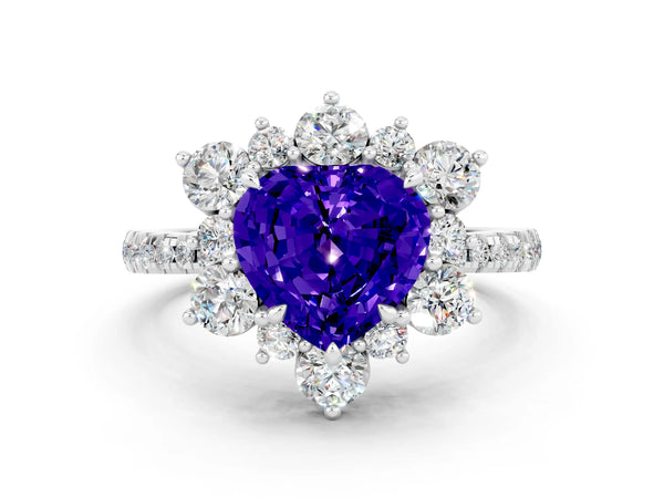 White gold Heart Cut Tanzanite Floral Halo Ring with Round Pavé Band and Prong Setting