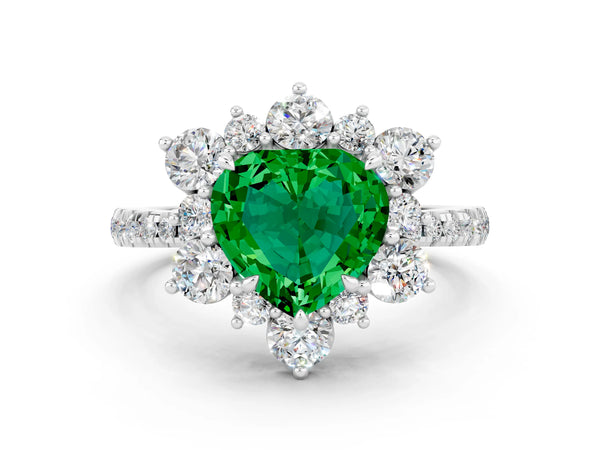 Silver Heart Cut Emerald Floral Halo Ring with Round Pavé Band and Prong Setting