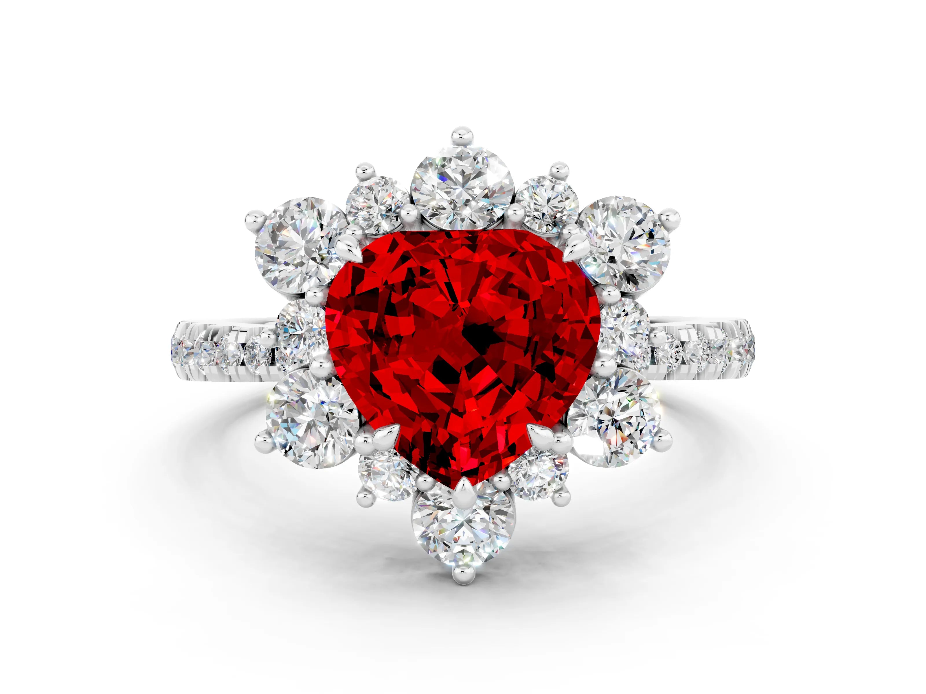 White gold Heart Cut Cut Diamond Floral Halo Pave Band with Prong Setting