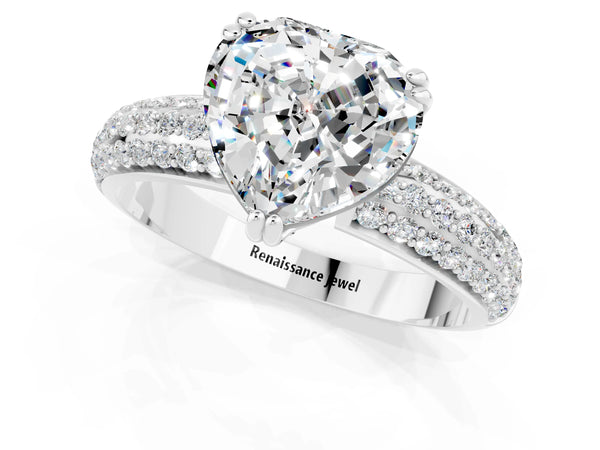White gold Heart Cut Moissanite Vintage Milgrain Ring with Round  Stations