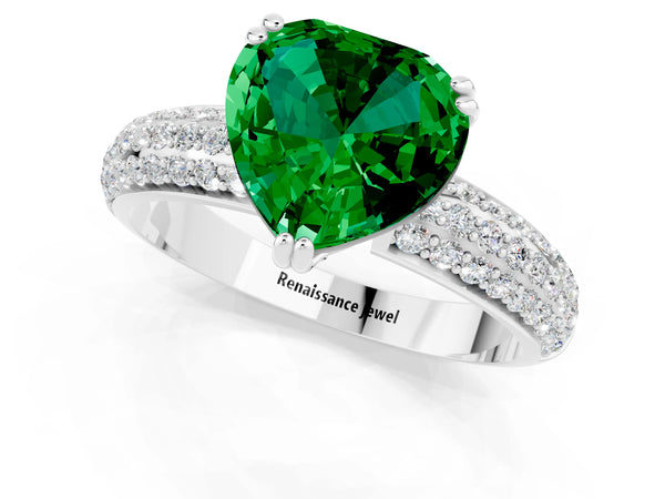 Platinum Heart Cut Emerald Vintage Milgrain Ring with Round  Stations