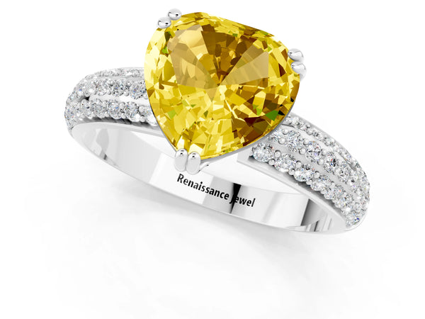 Platinum Heart Cut Yellow Sapphire Vintage Milgrain Ring with Round  Stations