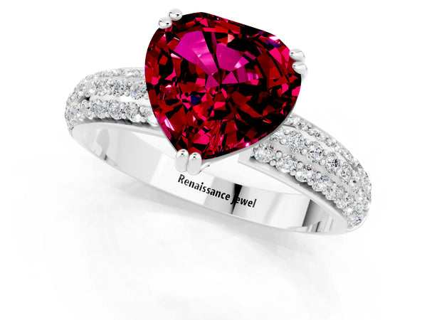 White gold Heart Cut Garnet Vintage Milgrain Ring with Round  Stations