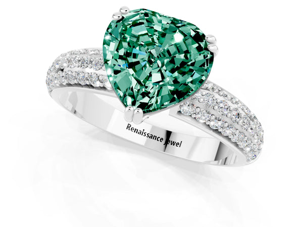 White gold Heart Cut Green Sapphire Vintage Milgrain Ring with Round  Stations