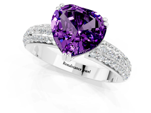 Platinum Heart Cut Amethyst Vintage Milgrain Ring with Round  Stations