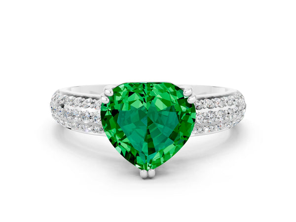 Platinum Heart Cut Emerald Vintage Milgrain Ring with Round  Stations