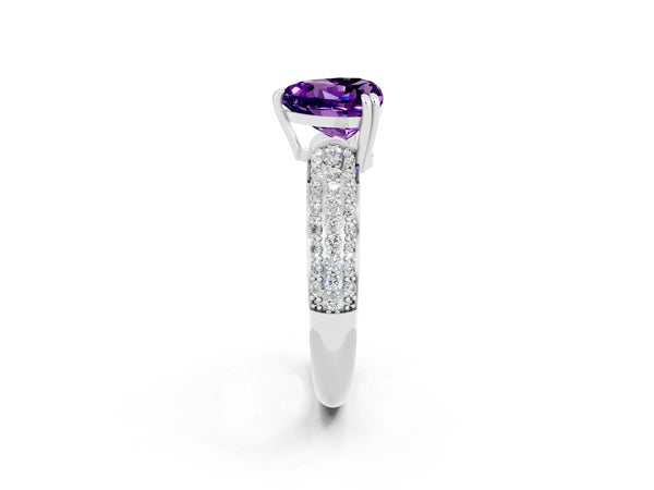 White gold Heart Cut Amethyst Vintage Milgrain Ring with Round  Stations