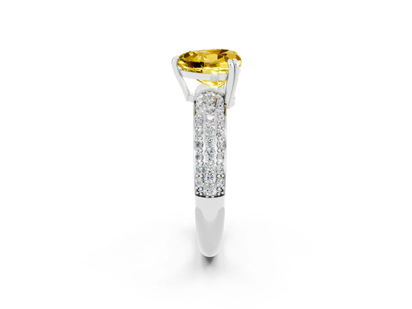 White gold Heart Cut Yellow Sapphire Vintage Milgrain Ring with Round  Stations