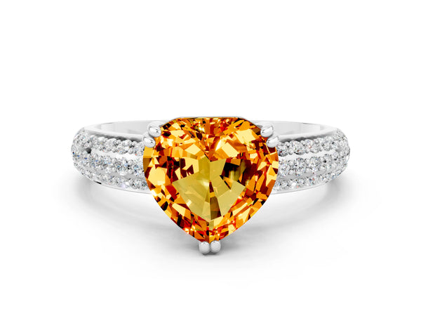 Platinum Heart Cut Citrine Vintage Milgrain Ring with Round  Stations