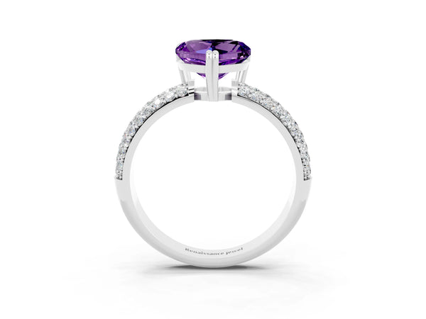 Platinum Heart Cut Amethyst Vintage Milgrain Ring with Round  Stations