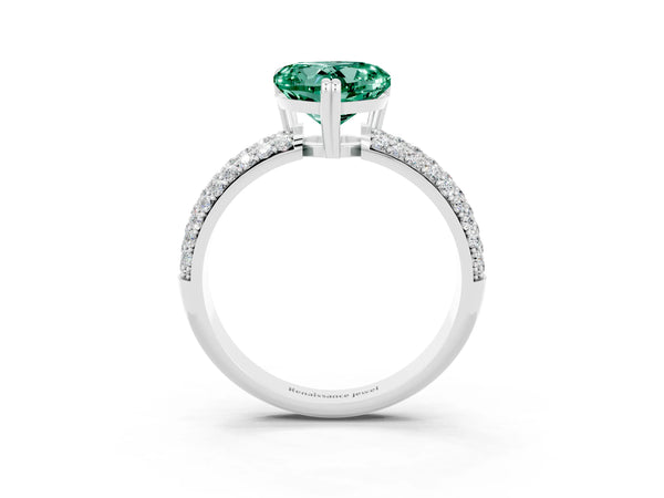 Silver Heart Cut Green Sapphire Vintage Milgrain Ring with Round  Stations