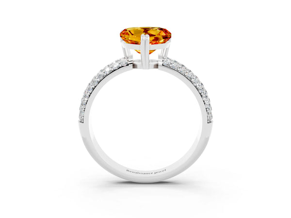 Silver Heart Cut Citrine Vintage Milgrain Ring with Round  Stations