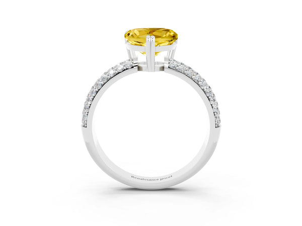 Silver Heart Cut Yellow Sapphire Vintage Milgrain Ring with Round  Stations