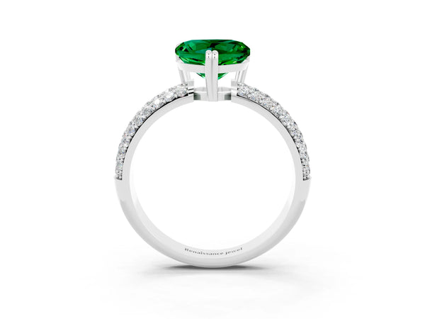 Platinum Heart Cut Emerald Vintage Milgrain Ring with Round  Stations