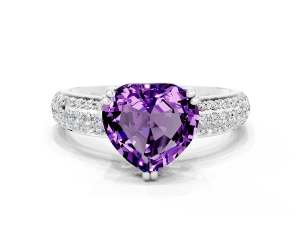 Silver Heart Cut Amethyst Vintage Milgrain Ring with Round  Stations