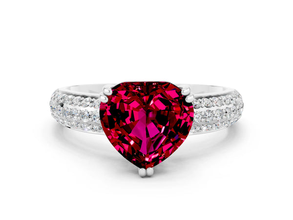 White gold Heart Cut Garnet Vintage Milgrain Ring with Round  Stations