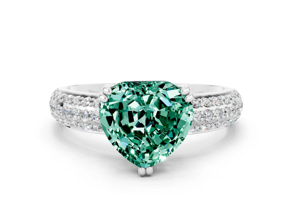Platinum Heart Cut Green Sapphire Vintage Milgrain Ring with Round  Stations