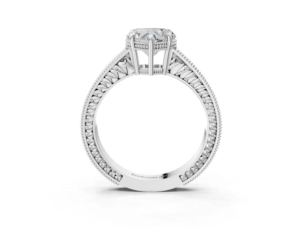 White gold Heart Cut Cut Diamond Milgrain Pave Band Four-Prong Setting Ring