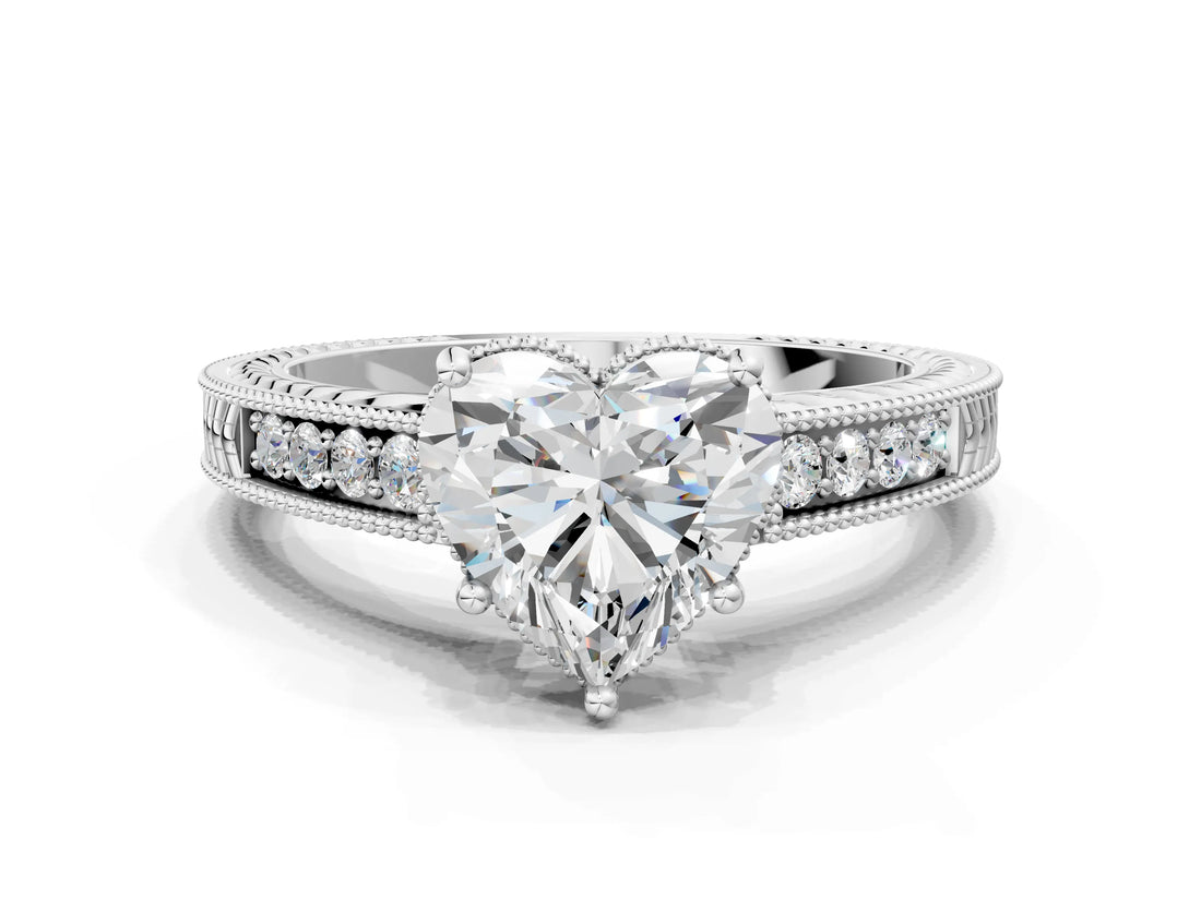 White gold Heart Cut Cut Diamond Milgrain Pave Band Four-Prong Setting Ring_7