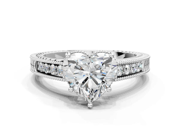 White gold Heart Cut Cut Diamond Milgrain Pave Band Four-Prong Setting Ring