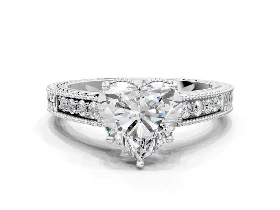 White gold Heart Cut Cut Diamond Milgrain Pave Band Four-Prong Setting Ring