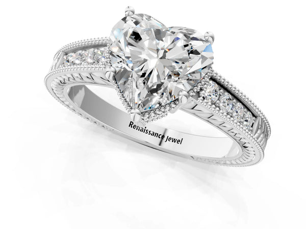White gold Heart Cut Cut Diamond Milgrain Pave Band Four-Prong Setting Ring