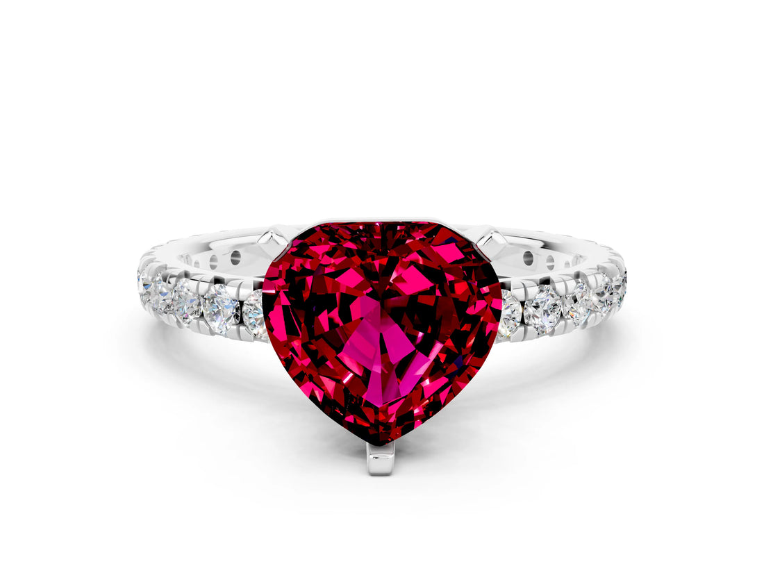 White gold Heart Cut Cut Diamond Pavé Band with Four-Prong Setting