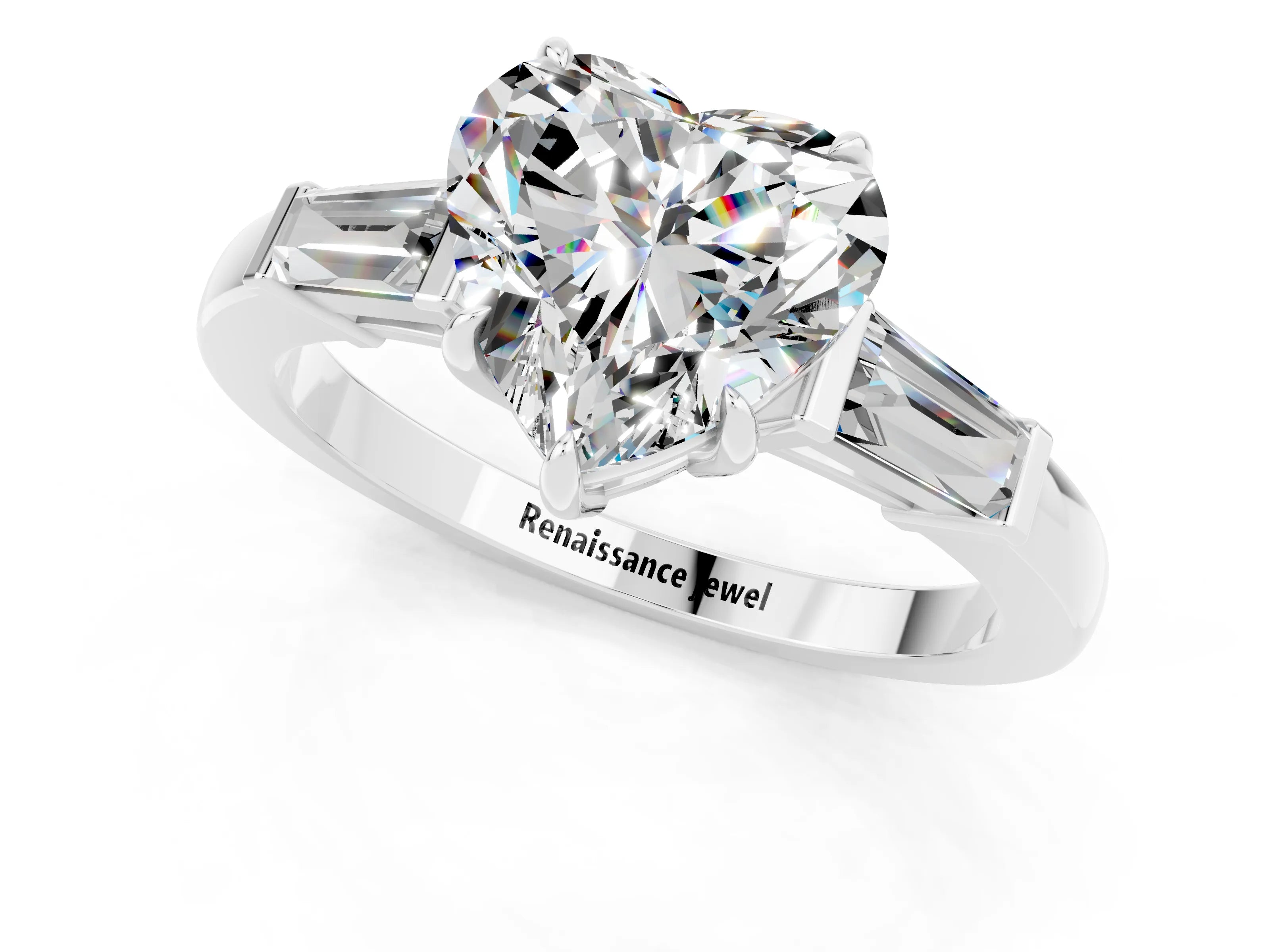 White gold Heart Cut Cut Diamond Ring with Tapered Baguette Side Stones in Four-Prong Setting_1